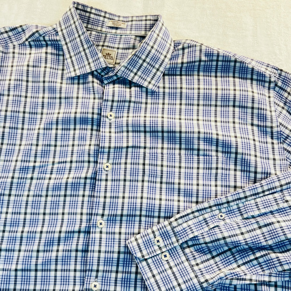 Peter Millar Mens XXL Blue White Plaid Cotton Long Sleeve Button Down Shirt
